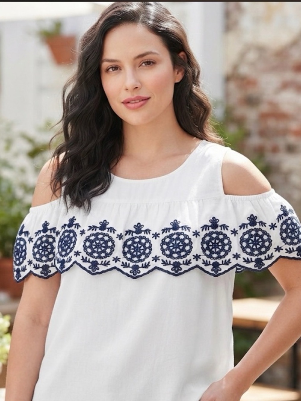 SO White Cold-Shoulder Top with Navy Embroidery